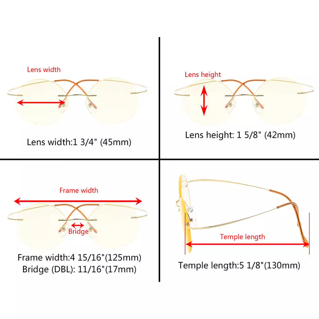 Titanium Rimless Round Blue Light Blocking Glasses Men Women