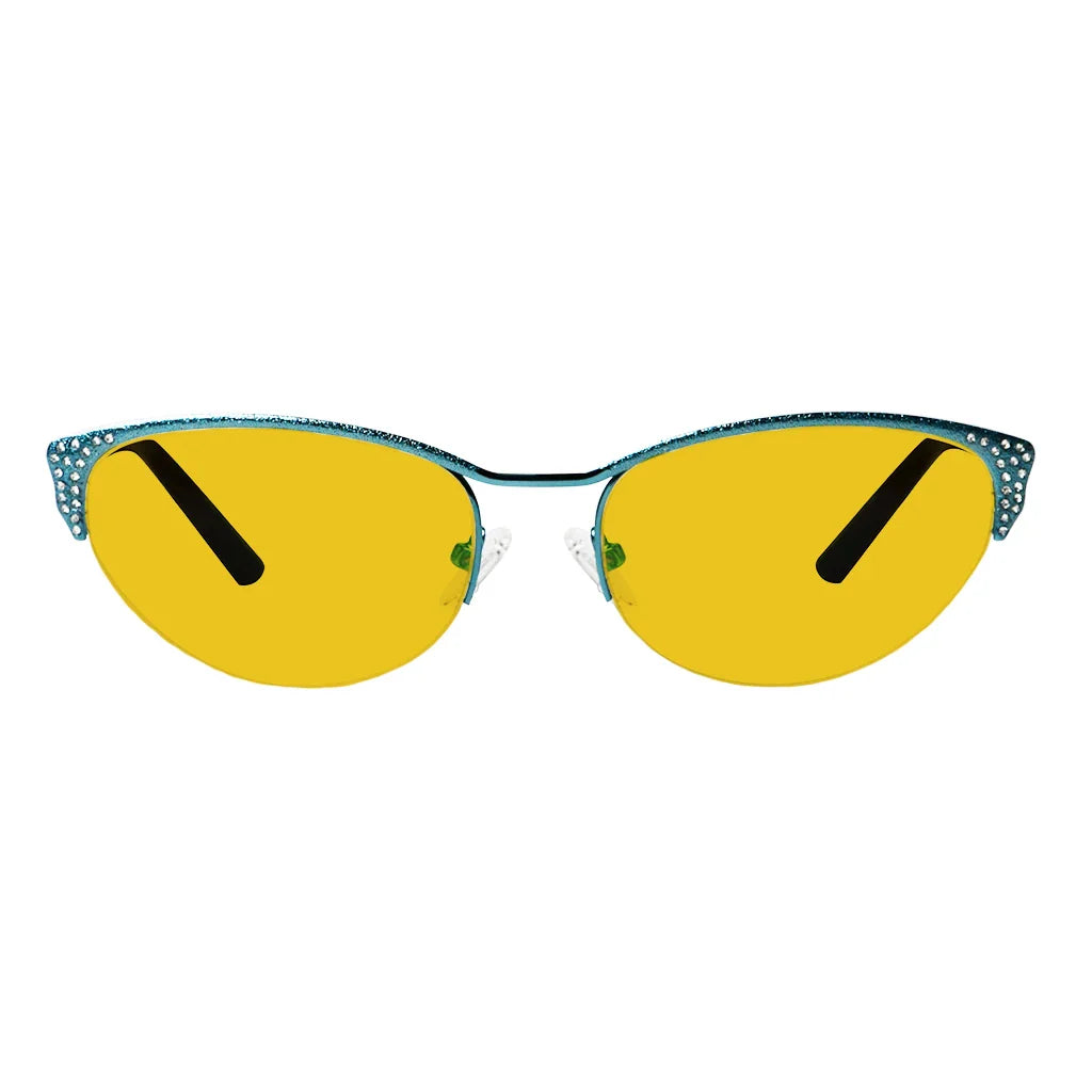 Cat Eye Amber Tinted Crystals Gemstones Half-rim Blue Light Blocking Glasses Women