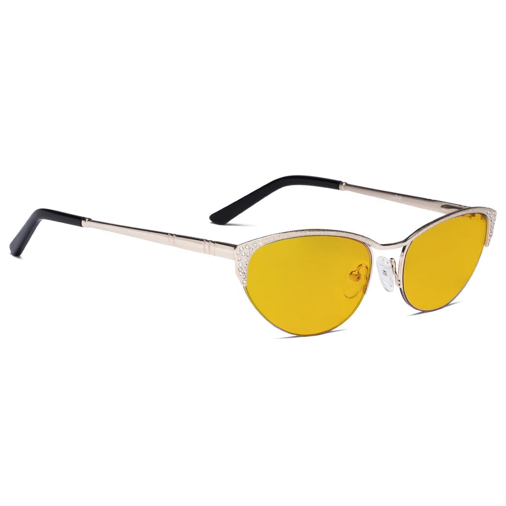 Cat Eye Amber Tinted Crystals Gemstones Half-rim Blue Light Blocking Glasses Women