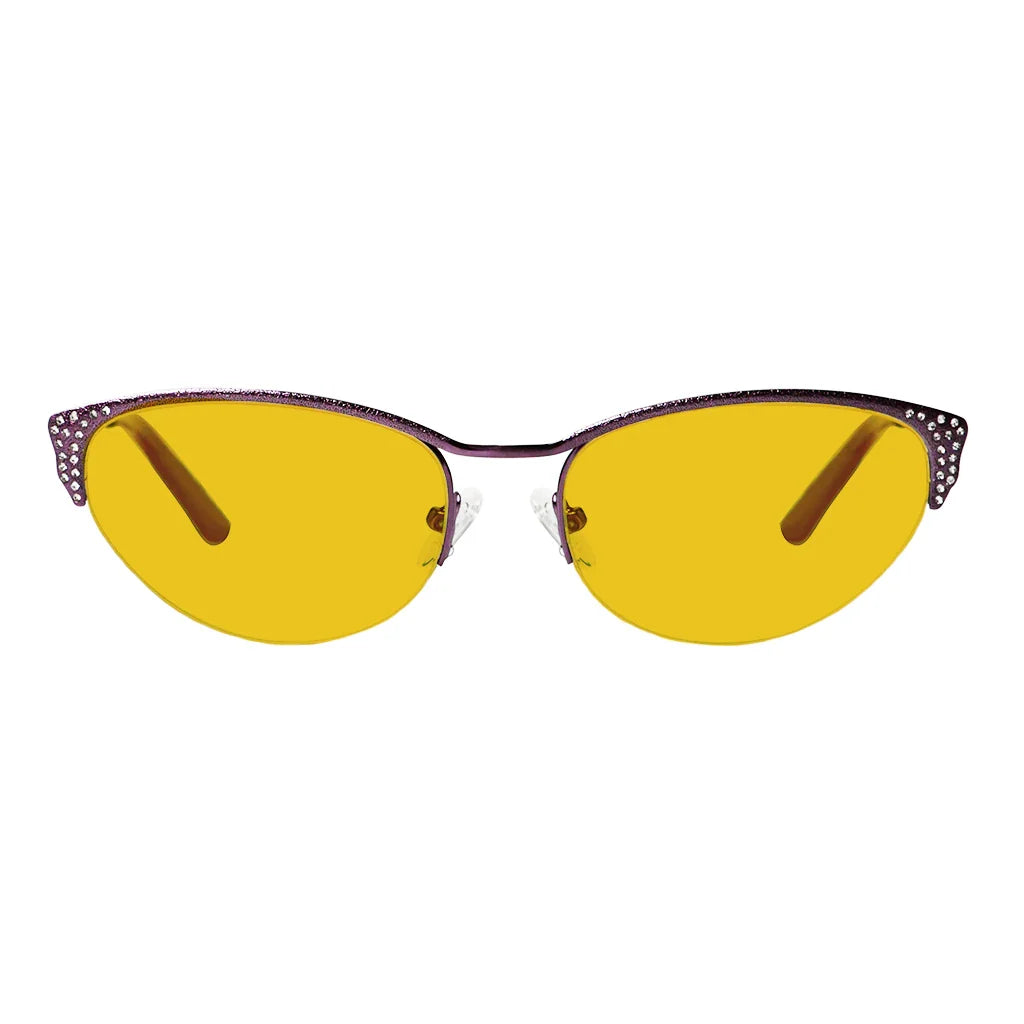 Cat Eye Amber Tinted Crystals Gemstones Half-rim Blue Light Blocking Glasses Women