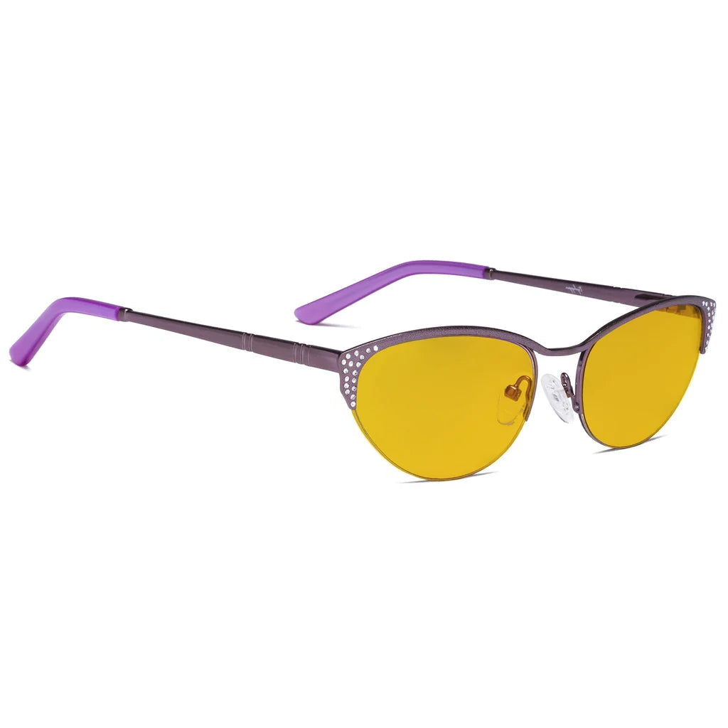Cat Eye Amber Tinted Crystals Gemstones Half-rim Blue Light Blocking Glasses Women