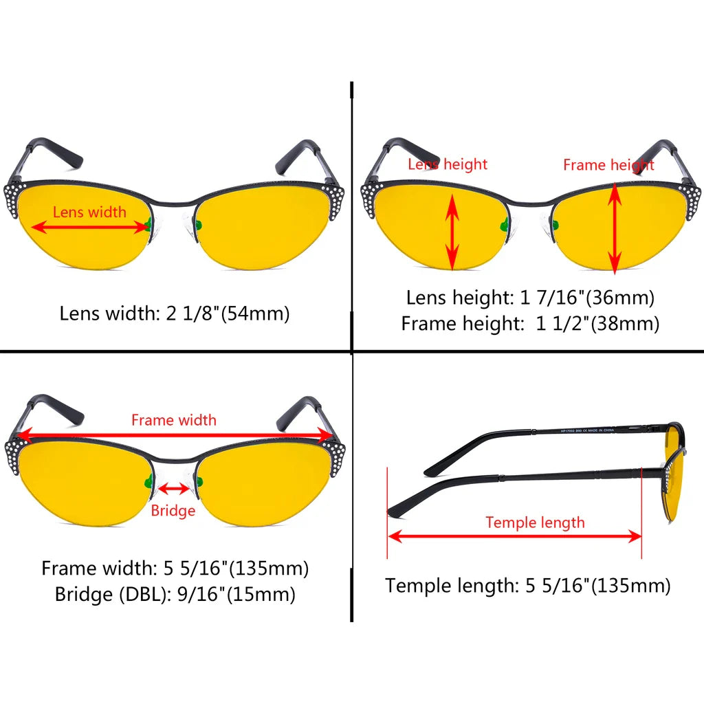 Cat Eye Amber Tinted Crystals Gemstones Half-rim Blue Light Blocking Glasses Women
