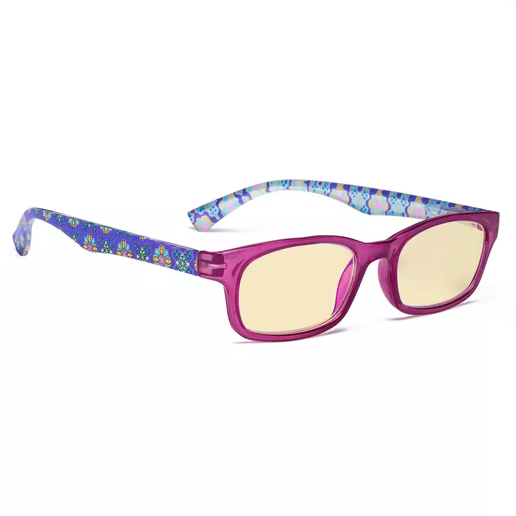 Patterned Arms Yellow Tinted Blue Light Blocking Eyeglasses For Women