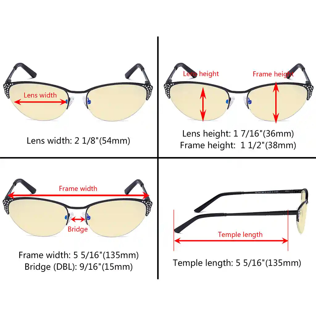 Half-rim Cat-eye Blue Light Blocking Glasses Women Crystals Gemstones