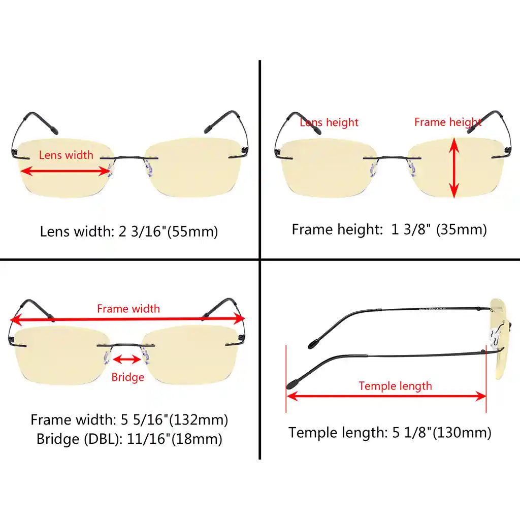 Rimless Blue Light Blocking Glasses Yellow Tinted Women Men Eyewear