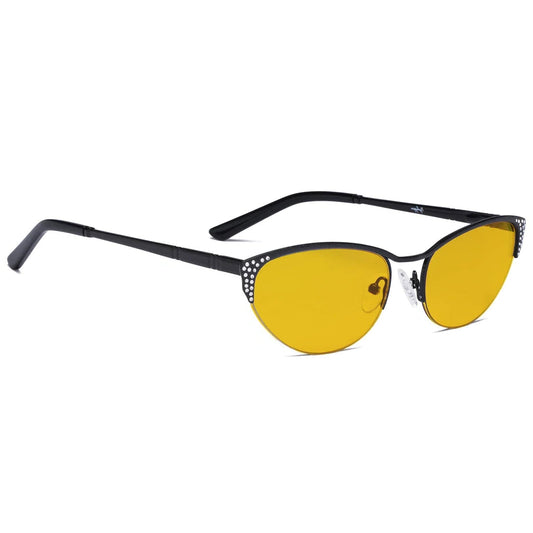 Cat Eye Amber Tinted Crystals Gemstones Half-rim Blue Light Blocking Glasses Women