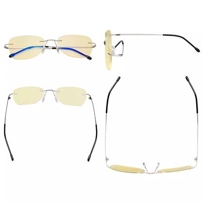 Rimless Blue Light Blocking Reading Glasses Yellow Tinted for Women men